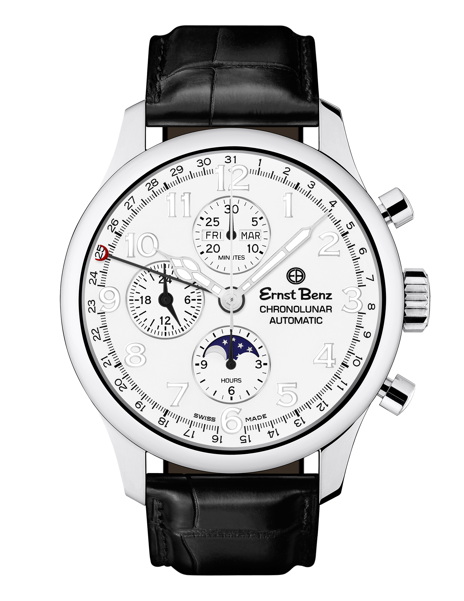 Ernst Benz Chronolunar Officer 44mm White Dial Automatic Men's Watch GC40382