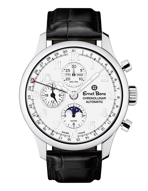 Ernst Benz Chronolunar Officer 44mm White Dial Automatic Men's Watch GC40382