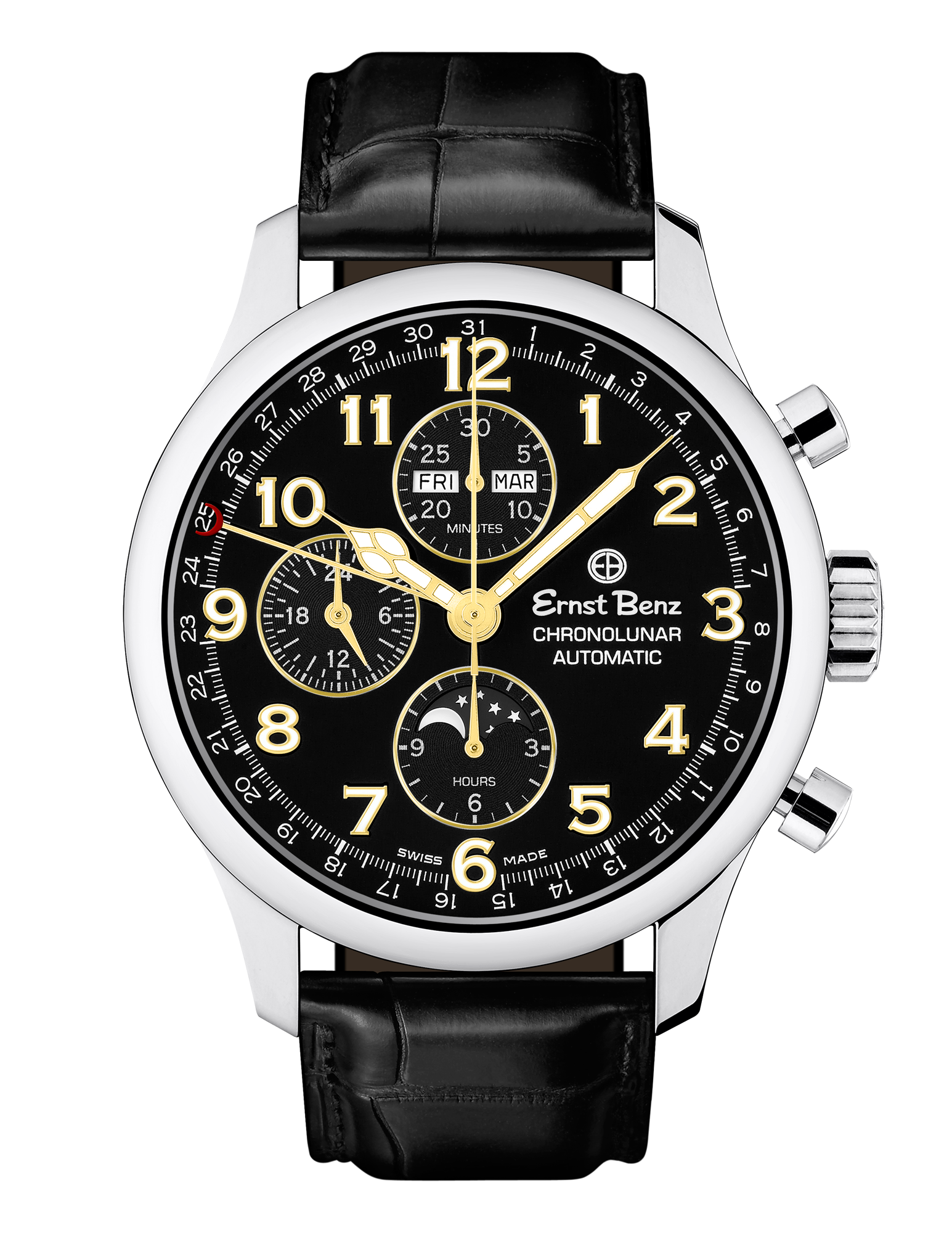 Ernst Benz Chronolunar Officer 44mm Black Dial Gold Hands Men's Watch GC40383