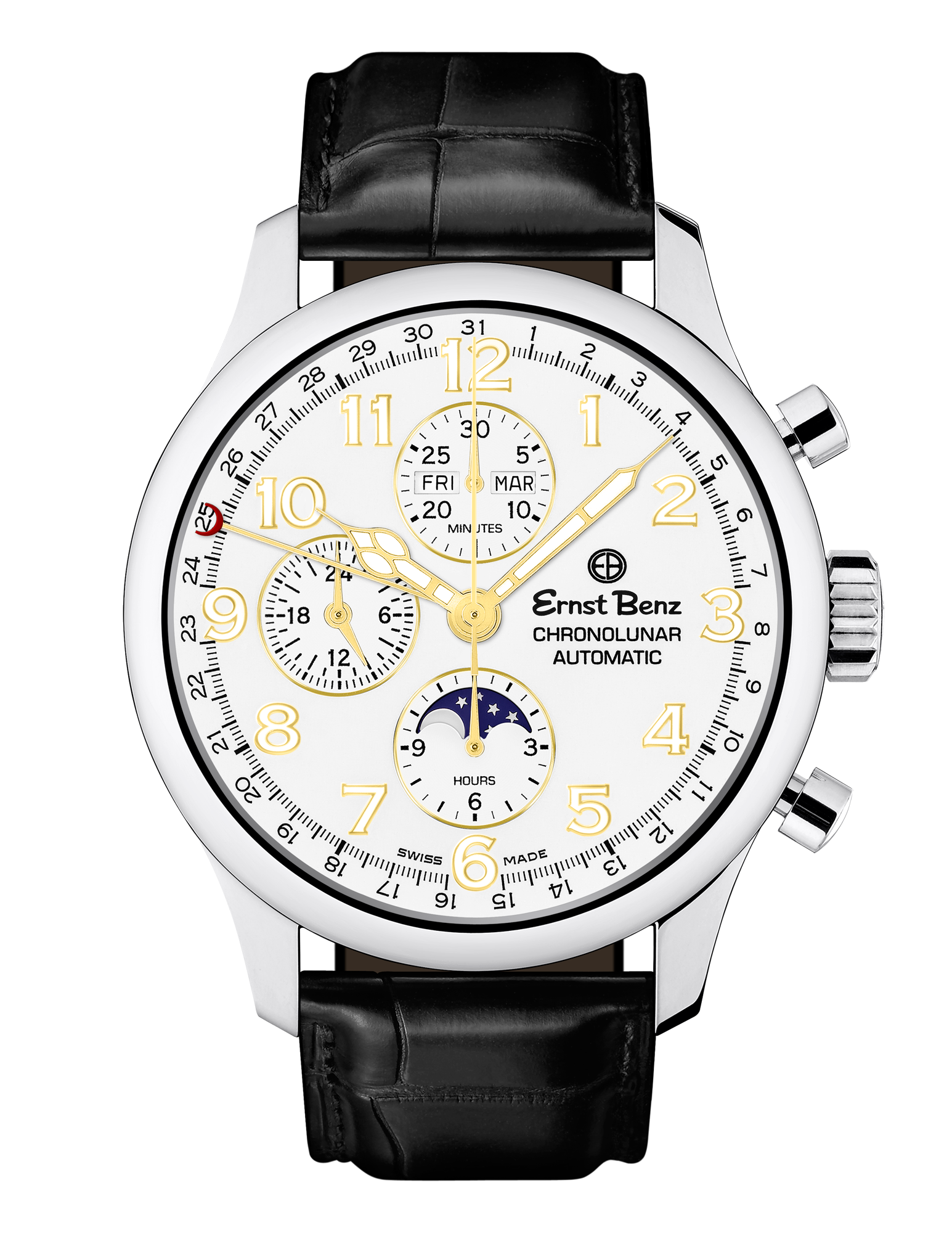 Ernst Benz Chronolunar Officer 44mm White Dial Dial Gold Hands Men's Watch GC40384