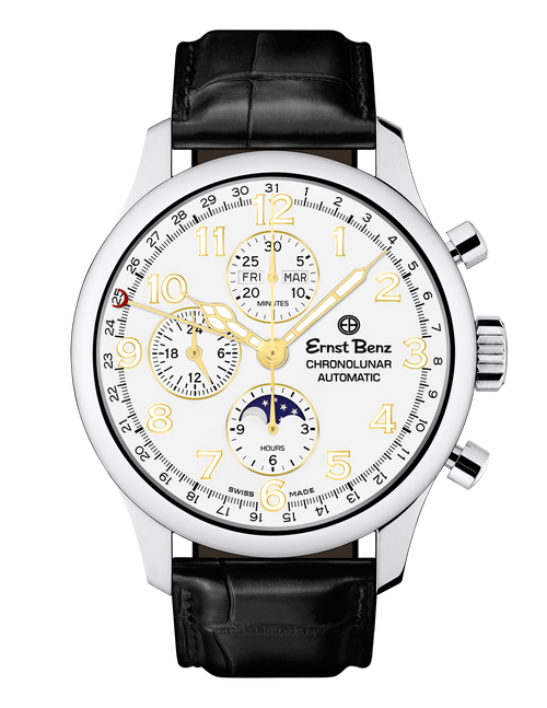 Ernst Benz Chronolunar Officer 44mm White Dial Dial Gold Hands Men's Watch GC40384