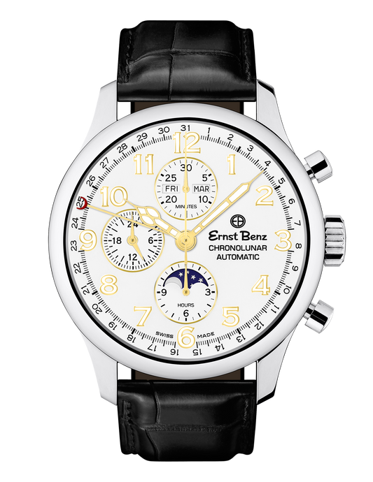 Ernst Benz Chronolunar Officer 44mm White Dial Dial Gold Hands Men's Watch GC40384