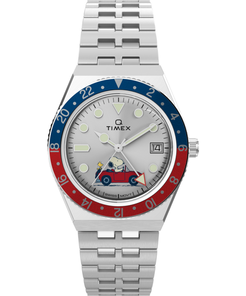 Timex Q Timex x Peanuts GMT 38mm Silver Dial Men's Watch TW2W83300