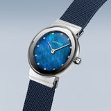 BERING Classic Polished Silver 26mm Blue Mother of Pearl Women's Watch 10126-307