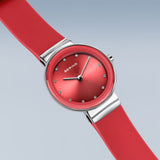 BERING Classic Polished Silver 29mm Red Sunray Dial Women's Watch 10129-503