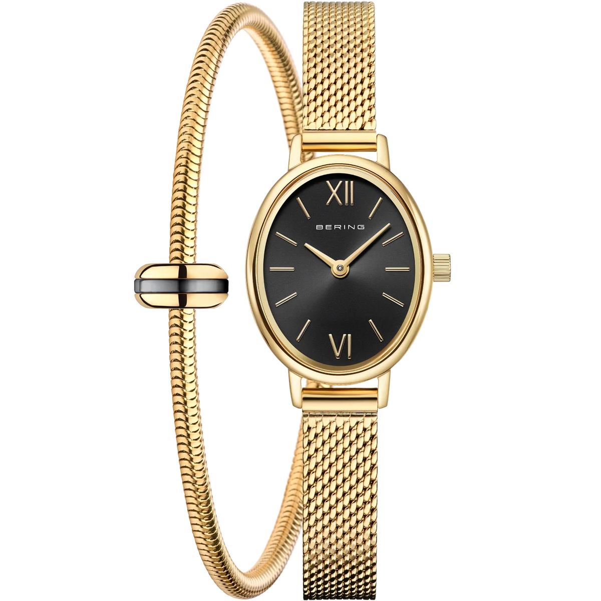 BERING Petite Oval Roman Numeral Mesh Watch Black 20mm Black Sunray Dial Women's Watch 11020-332-GWP