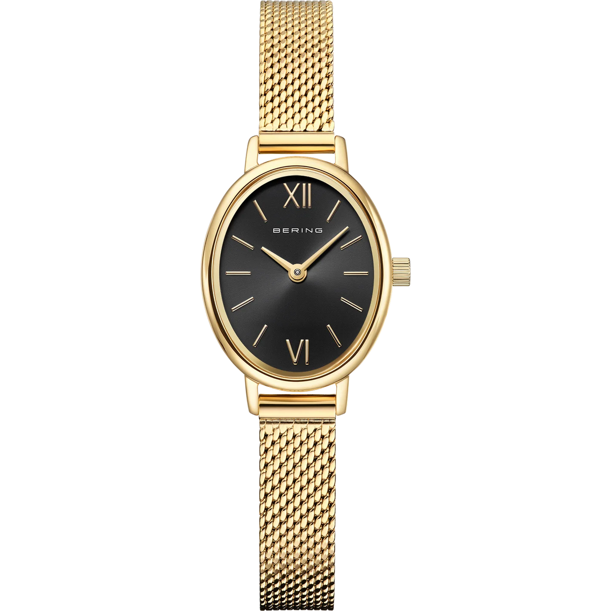 BERING Petite Oval Roman Numeral Mesh Watch Black 20mm Black Sunray Dial Women's Watch 11020-332