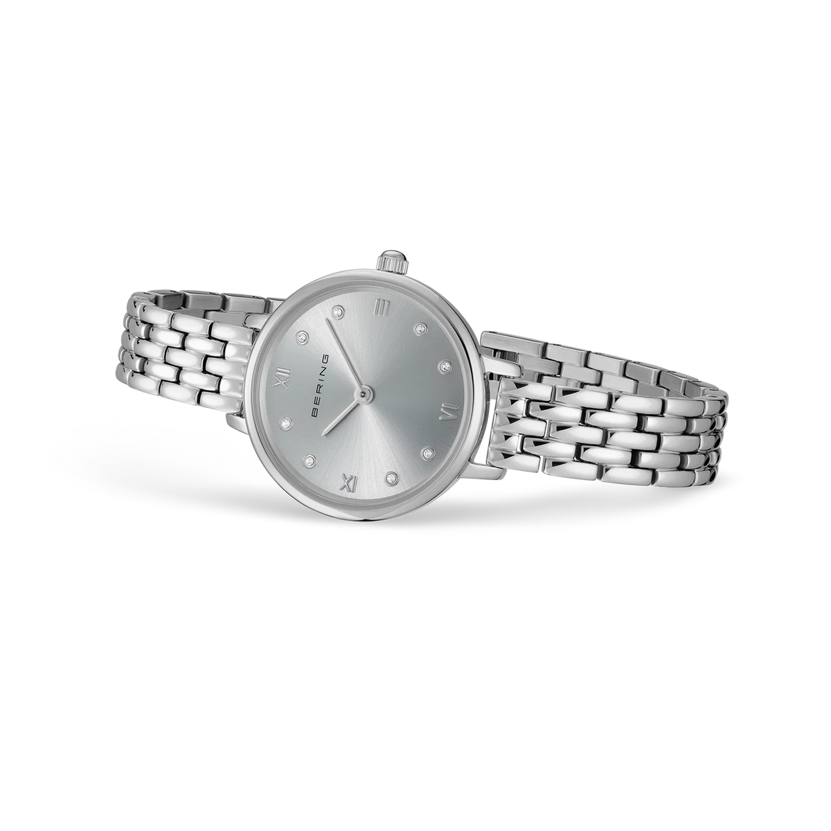 BERING Demi Roman Numeral Sparkling Link Watch Silver 28mm Silver Sunray Dial Women's Watch 11028-700