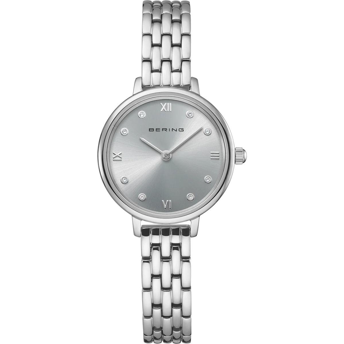 BERING Demi Roman Numeral Sparkling Link Watch Silver 28mm Silver Sunray Dial Women's Watch 11028-700