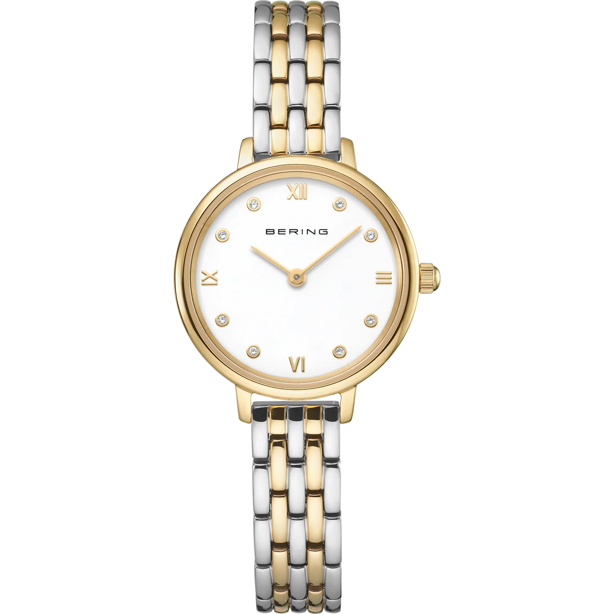 BERING Demi Roman Numeral Sparkling Link Watch Bicolor 28mm White Dial Women's Watch 11028-714