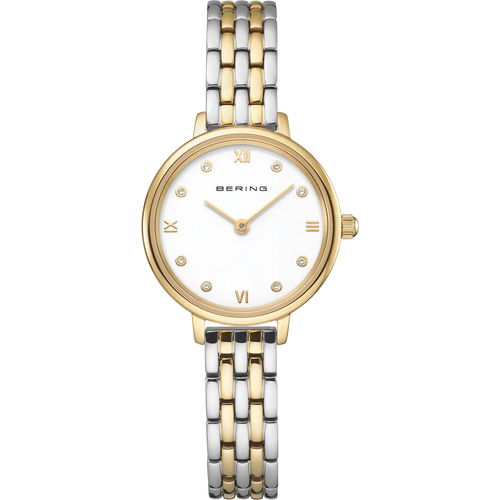 BERING Demi Roman Numeral Sparkling Link Watch Bicolor 28mm White Dial Women's Watch 11028-714