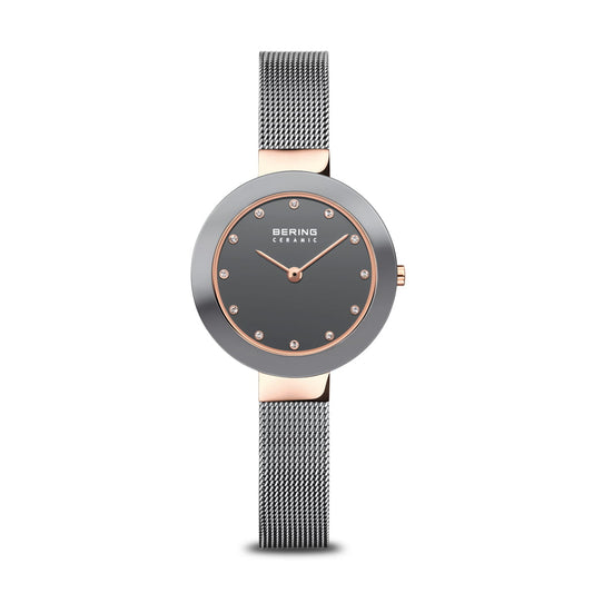 BERING Ceramic Polished Rose Gold 29mm Grey Dial Women's Watch 11429-369