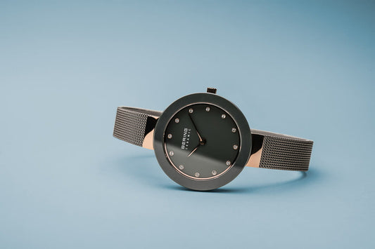 BERING Ceramic Polished Rose Gold 29mm Grey Dial Women's Watch 11429-369