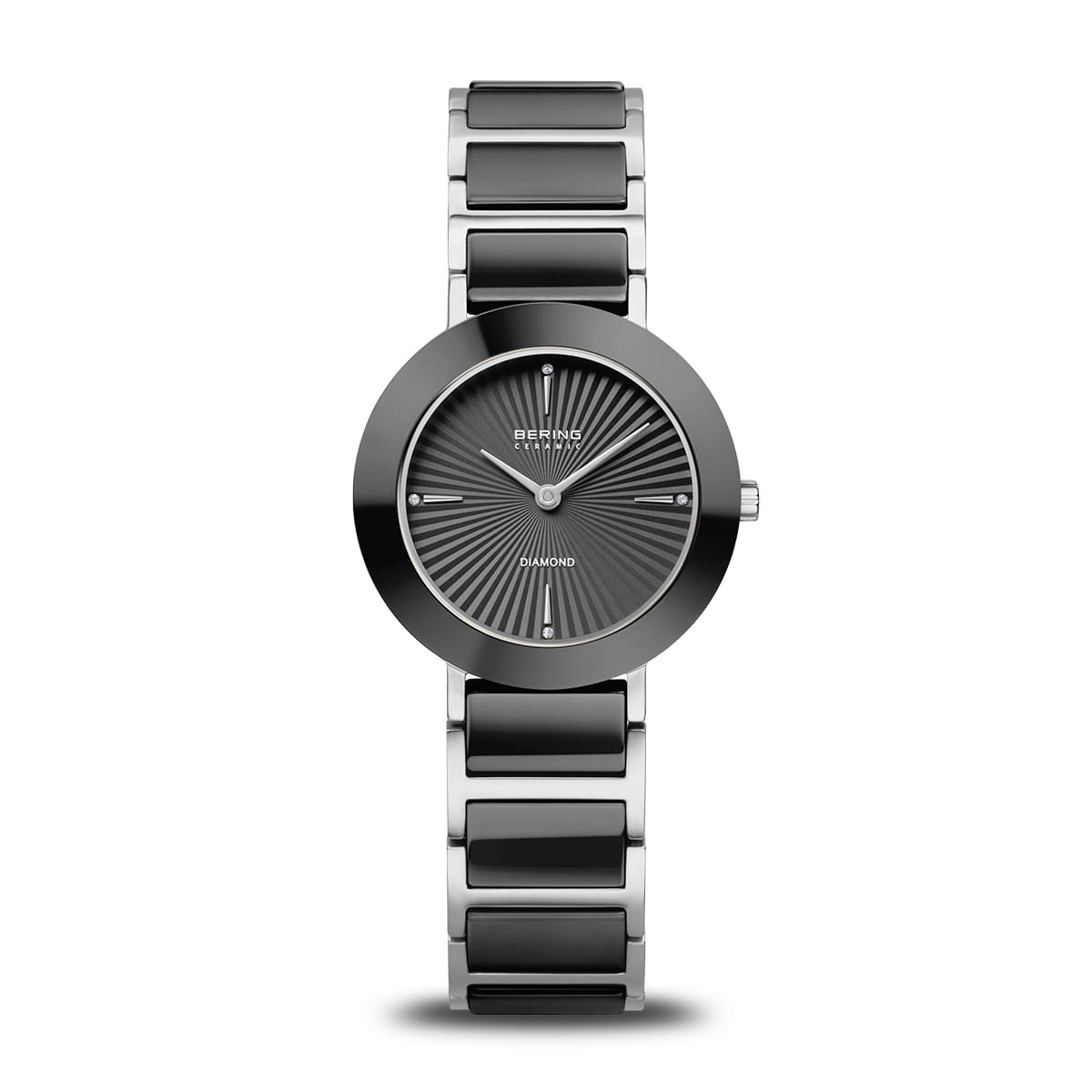 BERING Ceramic Polished Silver 29mm Black Diamond Dial Women's Watch 11429-702