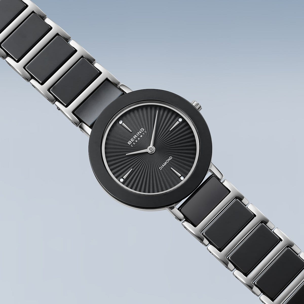 BERING Ceramic Polished Silver 29mm Black Diamond Dial Women's Watch 11429-702