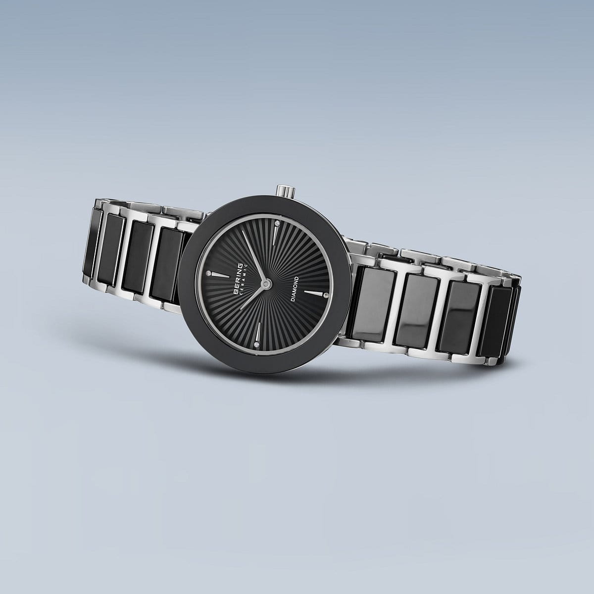 BERING Ceramic Polished Silver 29mm Black Diamond Dial Women's Watch 11429-702