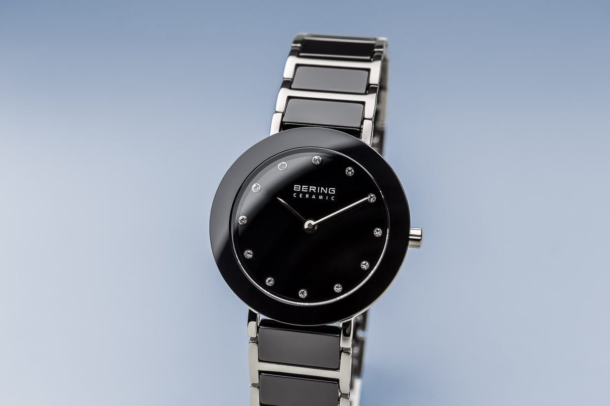 BERING Ceramic Polished Silver 29mm Black Dial Women's Watch 11429-742