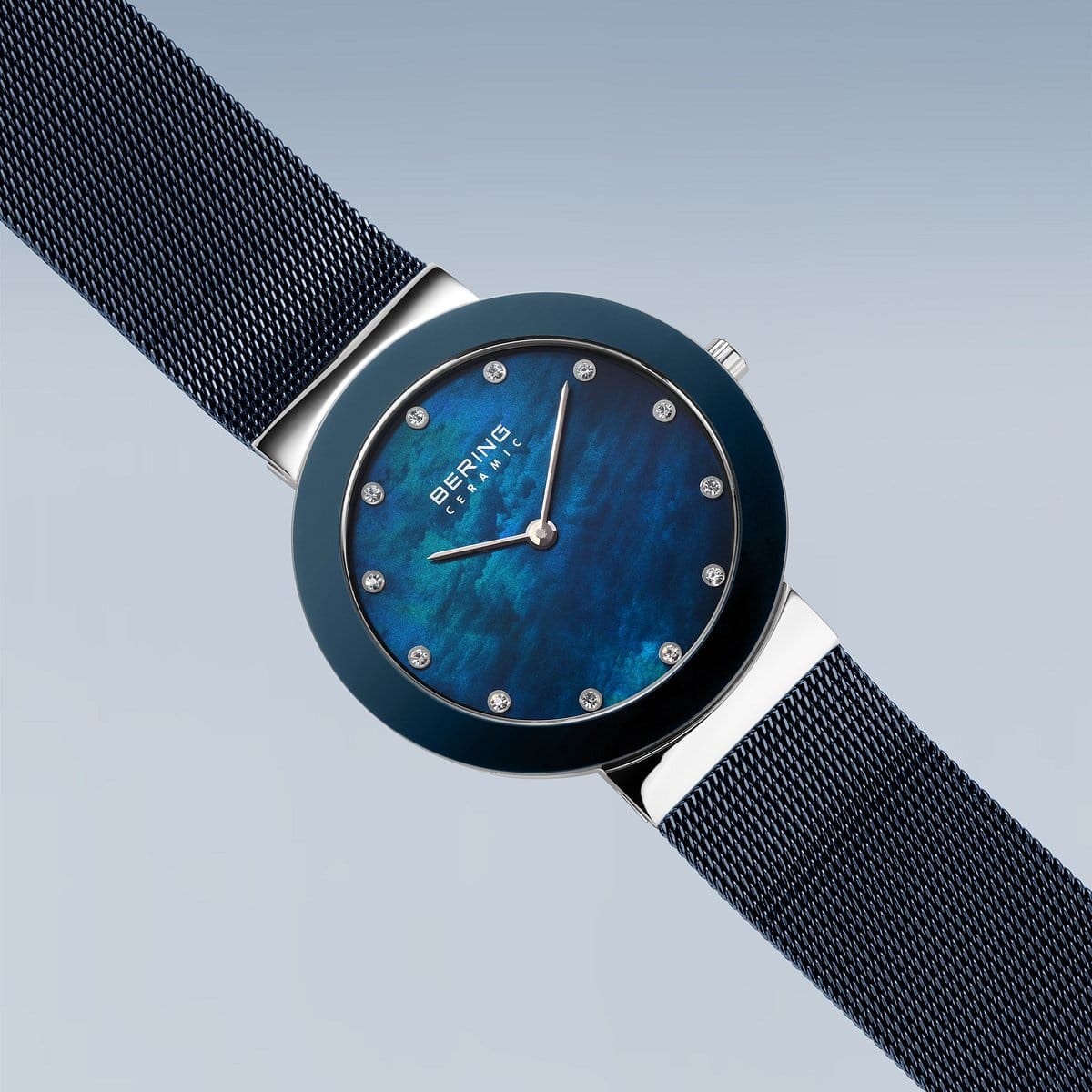 BERING Ceramic Polished Silver 35mm Blue Mother of Pearl Women's Watch 11435-387