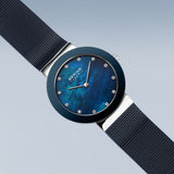 BERING Ceramic Polished Silver 35mm Blue Mother of Pearl Women's Watch 11435-387