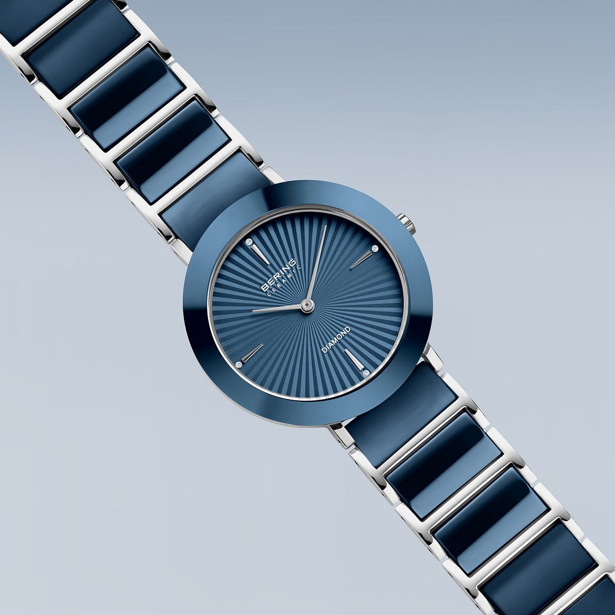 BERING Ceramic Polished Silver 35mm Blue Diamond Dial Women's Watch 11435-707