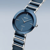 BERING Ceramic Polished Silver 35mm Blue Diamond Dial Women's Watch 11435-707