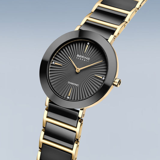 BERING Ceramic Polished Gold 35mm Black Diamond Dial Women's Watch 11435-732