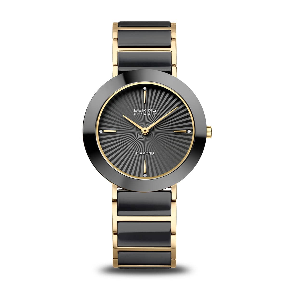 BERING Ceramic Polished Gold 35mm Black Diamond Dial Women's Watch 11435-732