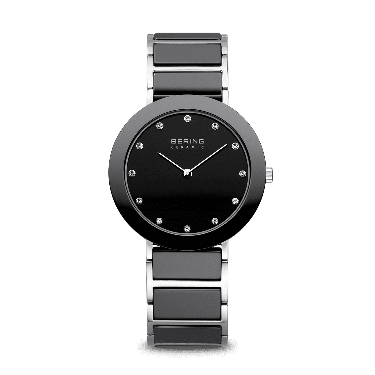 BERING Ceramic 35mm Polished Silver Case Black Dial Crystal Markers Women's Watch 11435-749