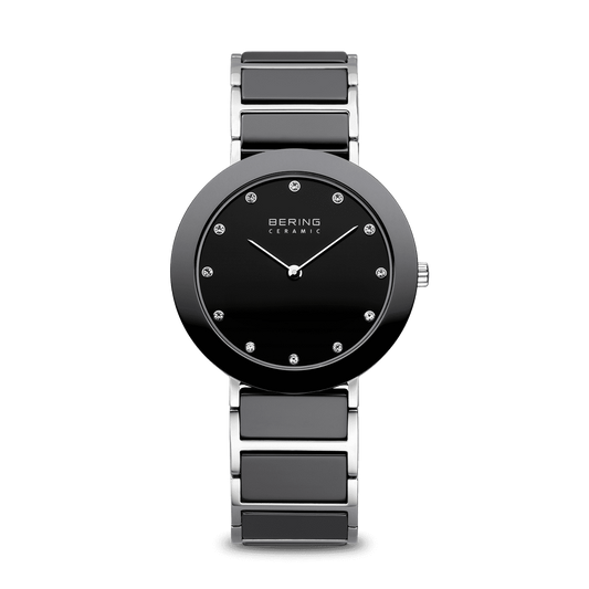 BERING Ceramic 35mm Polished Silver Case Black Dial Crystal Markers Women's Watch 11435-749