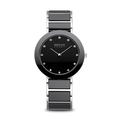 BERING Ceramic 35mm Polished Silver Case Black Dial Crystal Markers Women's Watch 11435-749