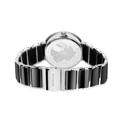 BERING Ceramic 35mm Polished Silver Case Black Dial Crystal Markers Women's Watch 11435-749