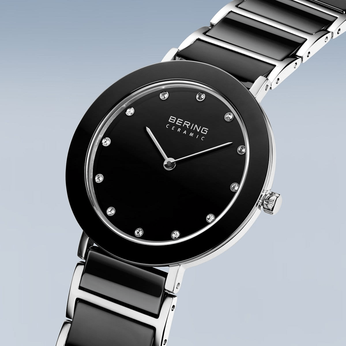 BERING Ceramic Polished Silver 35mm Black Dial Women's Watch 11435-749