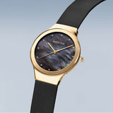BERING Classic Polished Gold 34mm Black Mother of Pearl Dial Women's Watch 12934-132