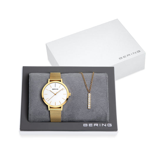 BERING Classic Polished Gold Set Golden Signature 34mm Silver Dial Women's Watch 13434-334-GWP