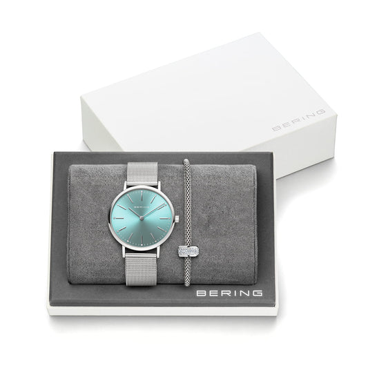 BERING Classic Polished Silver 34mm Blue Dial Women's Watch 14134-005-GWP