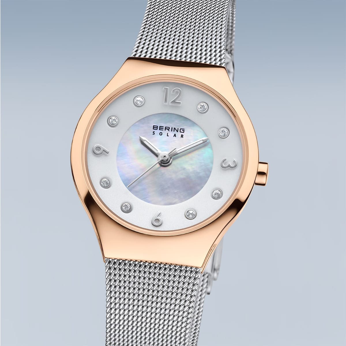 BERING Solar Polished Rose Gold 27mm White Mother of Pearl Dial Women's Watch 14427-060