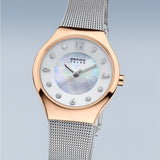 BERING Solar Polished Rose Gold 27mm White Mother of Pearl Dial Women's Watch 14427-060