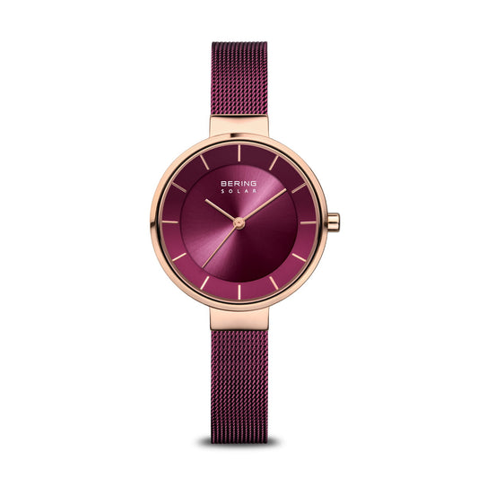 BERING Solar Polished/Brushed Rose Gold 31mm Purple Sunray Dial Women's Watch 14631-969
