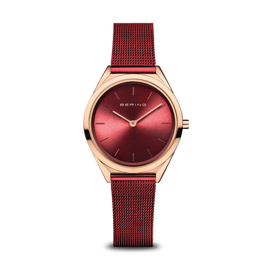 BERING Ultra Slim Polished Rose Gold 31mm Red Sunray Dial Women's Watch 17031-363