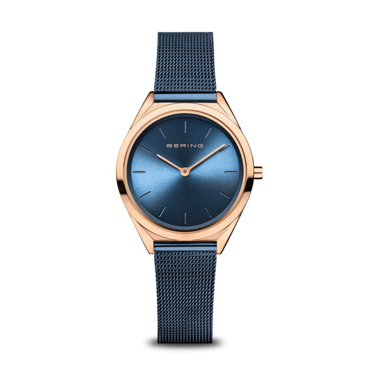 BERING Ultra Slim Polished Rose Gold 31mm Blue Sunray Dial Women's Watch 17031-367