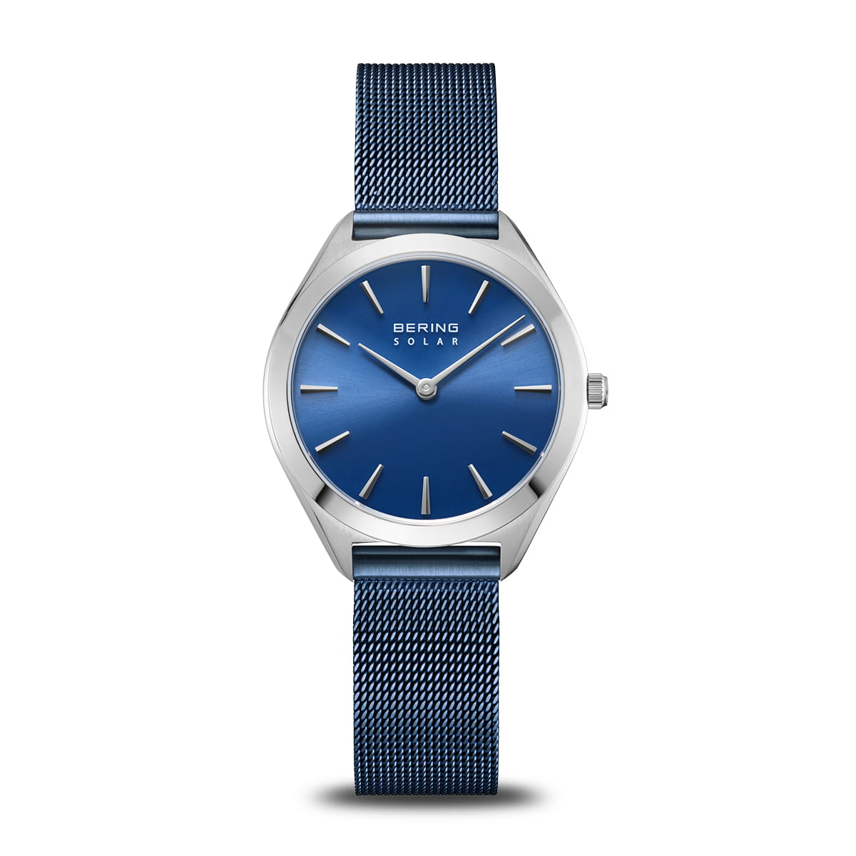 BERING Solar Polished Silver 35mm Blue Sunray Dial Women's Watch 17331-307