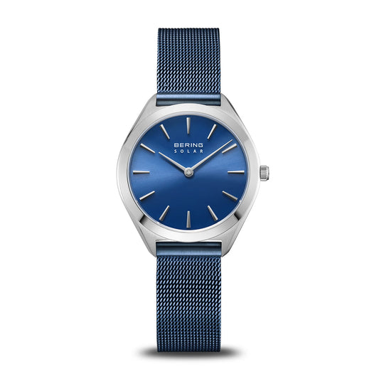 BERING Solar Polished Silver 35mm Blue Sunray Dial Women's Watch 17331-307