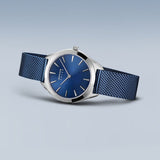 BERING Solar Polished Silver 35mm Blue Sunray Dial Women's Watch 17331-307