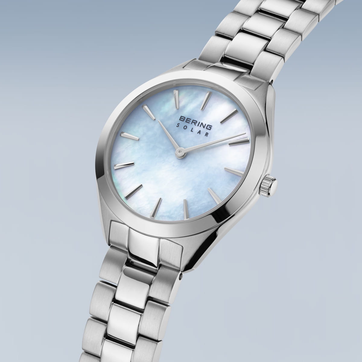 BERING Solar Polished Silver 31mm Blue Mother of Pearl Dial Women's Watch 17331-707