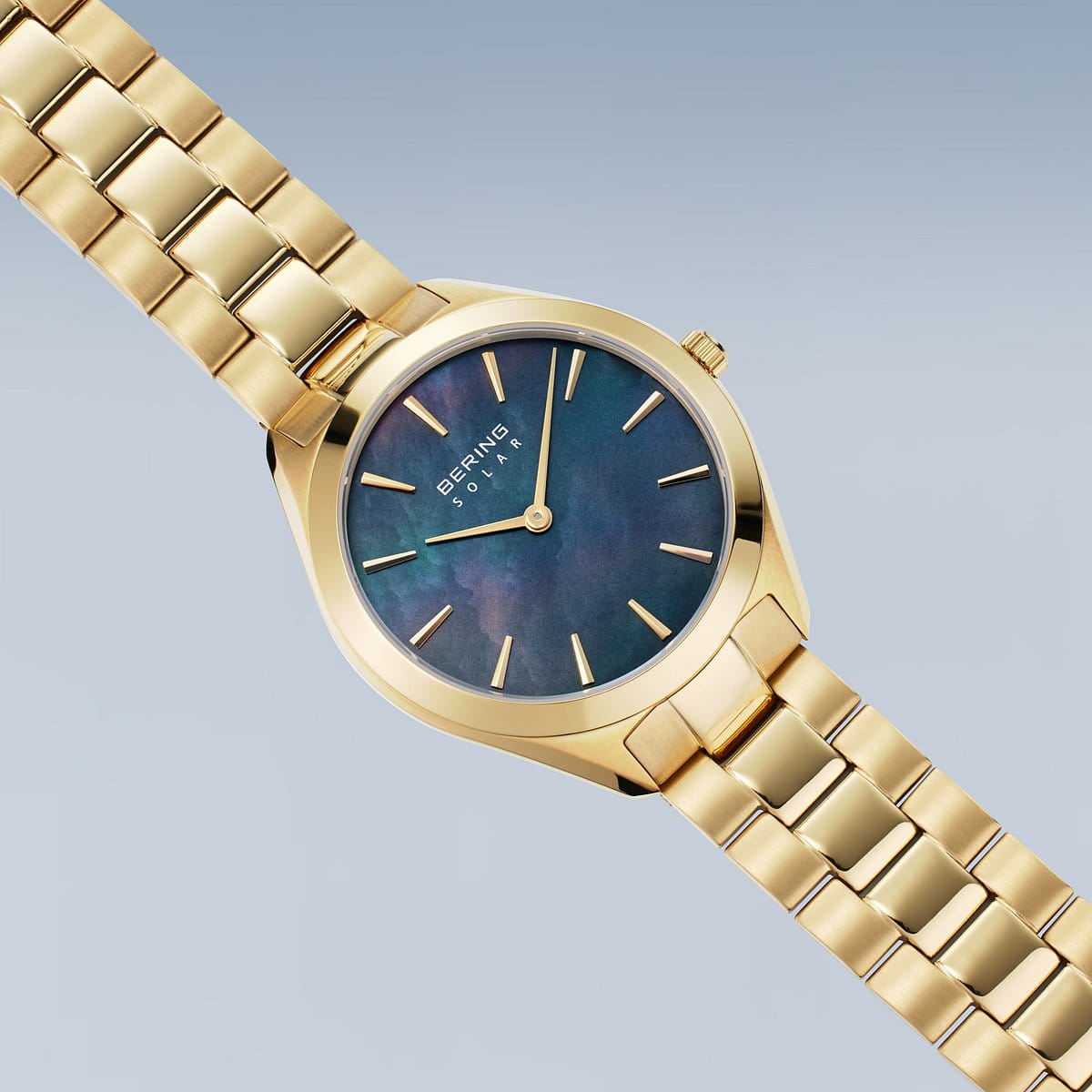 BERING Solar Polished Gold 31mm Deep Blue Mother of Pearl Dial Women's Watch 17331-732