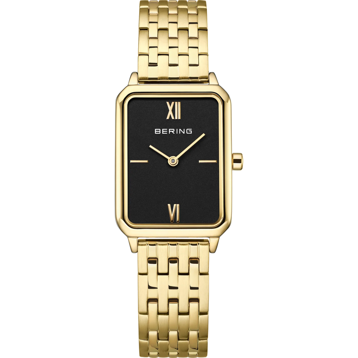 BERING Rectangular Roman Numeral Link Watch Black Gold 23mm Black Dial Women's Watch 17423-732