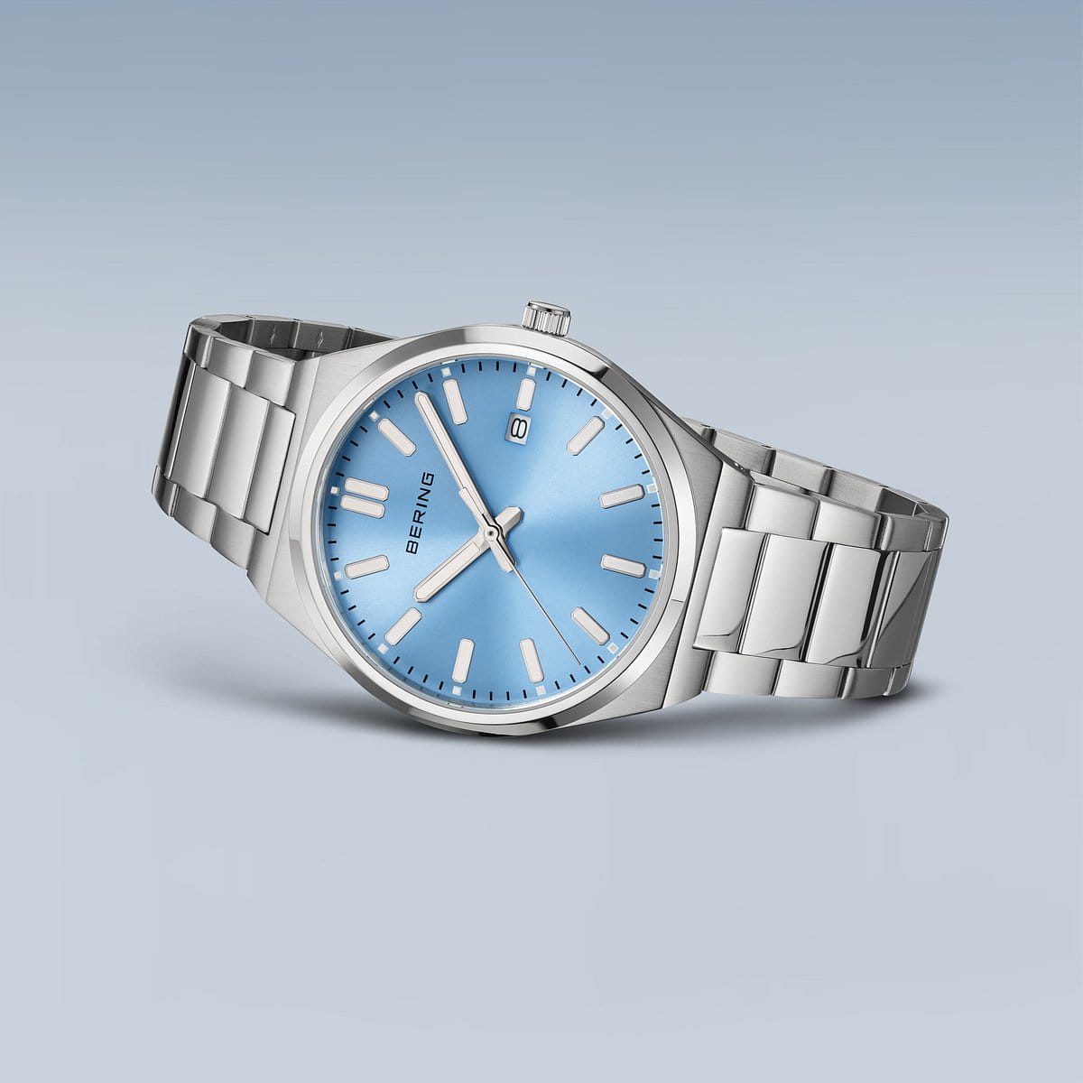 BERING Classic Polished Silver 39mm Blue Sunray Dial Men's Watch 17639-707