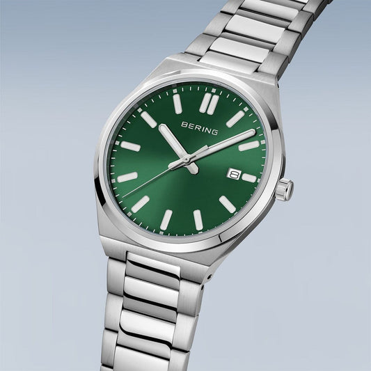 BERING Classic Polished Silver 40mm Green Sunray Dial Men's Watch 17639-708