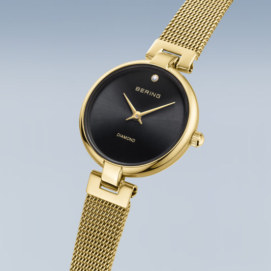 BERING Classic Polished Gold 24mm Black Diamond Dial Women's Watch 17724-332
