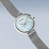 BERING Classic Polished Silver 32mm White Mother of Pearl Dial Women's Watch 18132-004